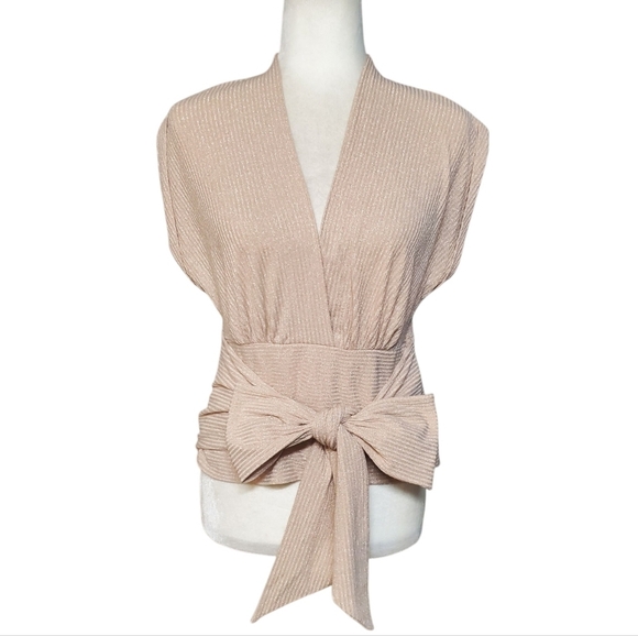 Express Beige Metallic Ribbed Faux Wrap Tie Front Top Size Medium - Picture 2 of 13